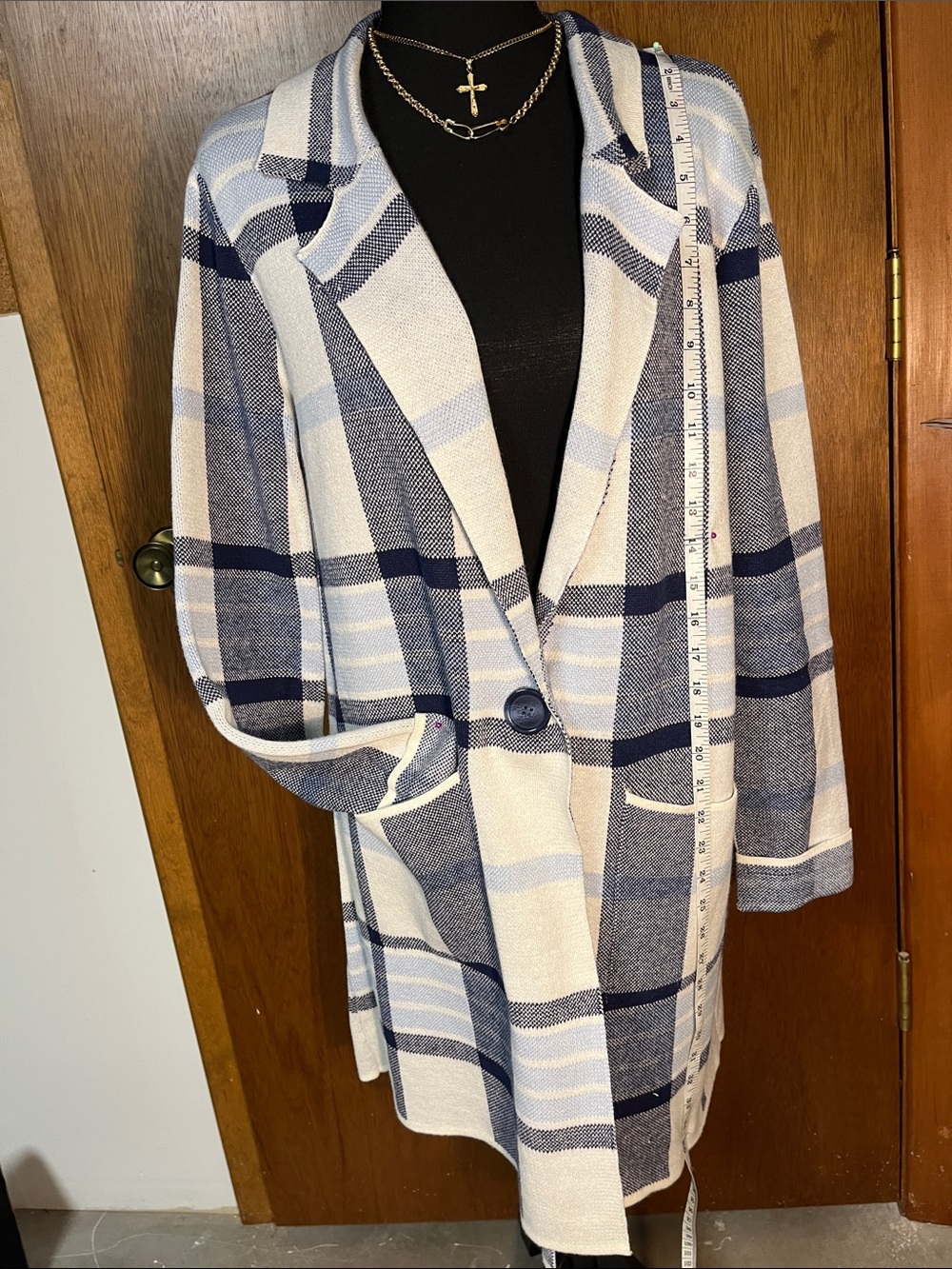 Blue & White Plaid Long Women's Coat - Casual Open Front Blazer